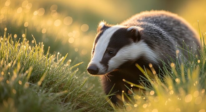 A badger walking through a field of tall grass in sunlight