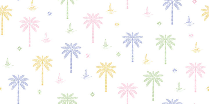 Hawaiian pattern print featuring palm trees and sailboats in pastel colors on a white background. Beach patterns, palm patterns that gives an airy feel for summer. coconut tree design. coconut leaf.