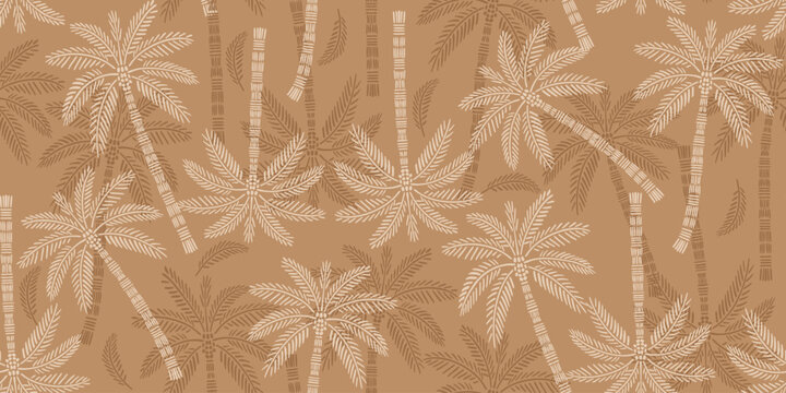 Brown fabric with white palm tree patterns, featuring coconut tree design, palm leaf motifs. White palm leaf pattern on a brown background, seamless design. The pattern has a cool, masculine look.