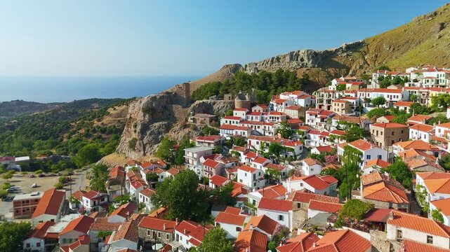 Aerial View of Chora Medieval Village on Samothraki Island Greece