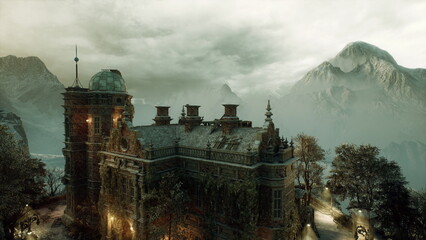 baroque observatory perched on mountain under storm clouds, domed turret with telescope silhouette, moody sky and misty ridgeline, scientific solitude © icetray