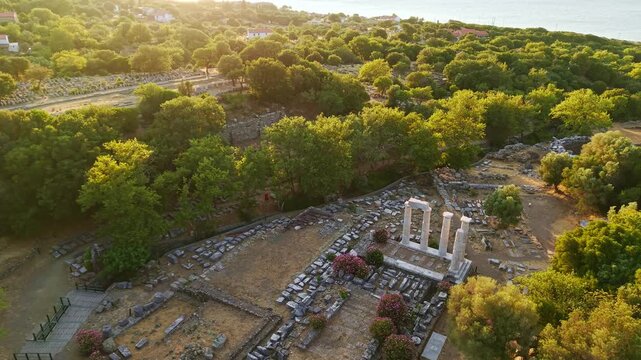 Aerial View of Sanctuary of the Great Gods at Sunset Samothrace
