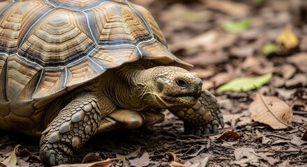 Obraz premium A close up of a turtle walking on forest floor with leaves and twigs