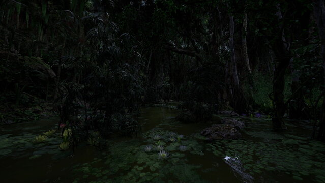 murky swamp under heavy canopy, dark green water dotted with pads, knotted roots and dangling vines, thick shadows create suspenseful, cinematic tension