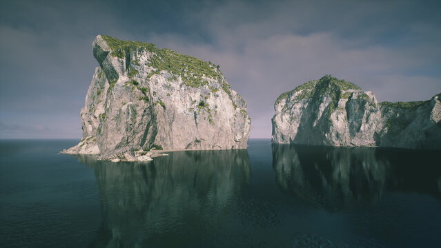 Narrow sea channel framed by towering cliffs, reflective deep water, distant open ocean visible through gap, dramatic light ideal for boating navigation,