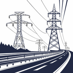 Electric power transmission towers along a winding road with power lines and trees in the background © dddd