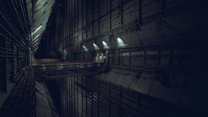 Fototapeta premium abandoned service tunnel with broken panels, scattered debris and corroded conduits, puddles reflecting flickering emergency lights, makeshift barricade