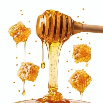 Honey dripping from a wooden honey dipper with honeycomb pieces