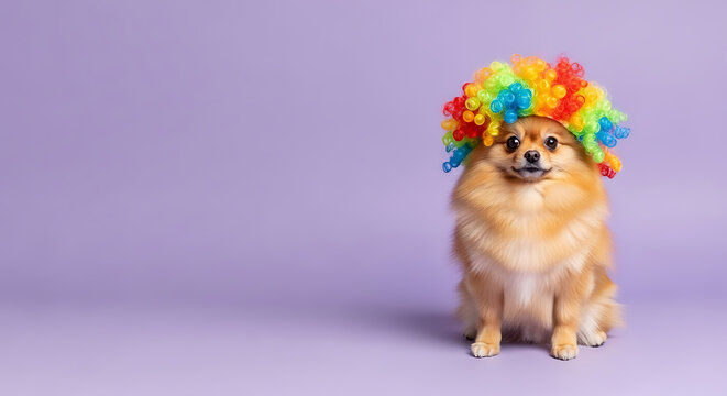Small pomeranian dog sitting on purple background wearing colorful rainbow clown wig, april fools day, funny pet, playful, happy, celebration, costume