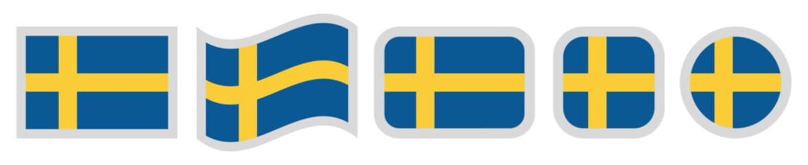 set of sweden national flag icons in rectangle waving rounded square cross and circle shapes isolated on white background
