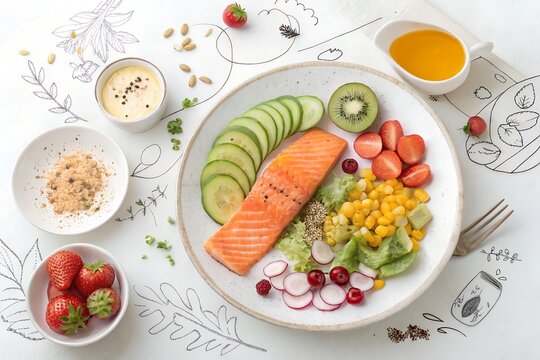 A meticulously prepared healthy salmon dish features a perfectly cooked fillet surrounded by vibrant fresh vegetables and fruits including crisp cucumbers, sweet strawberries, juicy kiwi, crunchy radi