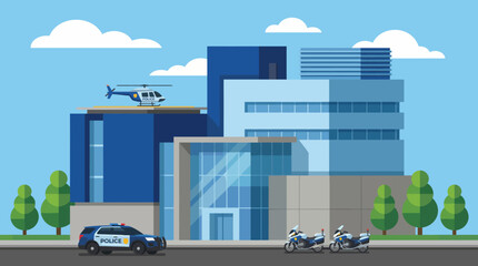 A vibrant and colorful illustration of a modern police station with vehicles, showcasing an urban environment that emphasizes security and community safety effectively. © Zhiming