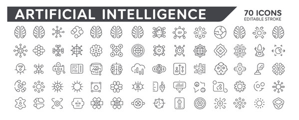 Comprehensive set of 70 editable stroke line icons for artificial intelligence and technology concepts.