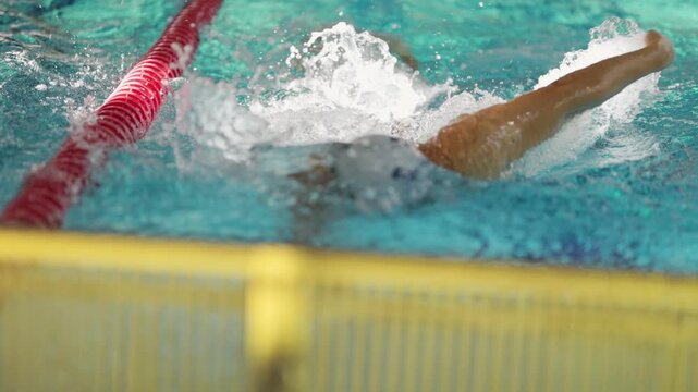 Professional swimmer doing backstroke in a competition pool