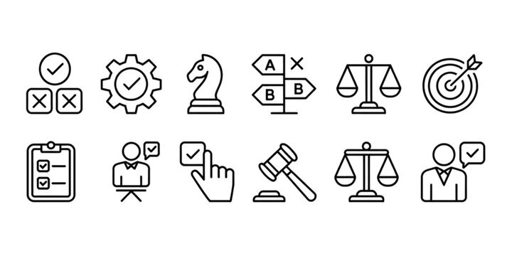 Assorted icons representing various legal and business concepts and activities Vector