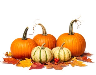 Obraz premium Vivid autumn display pumpkins nestled among colorful leaves, with a few berries, against a stark white backdrop