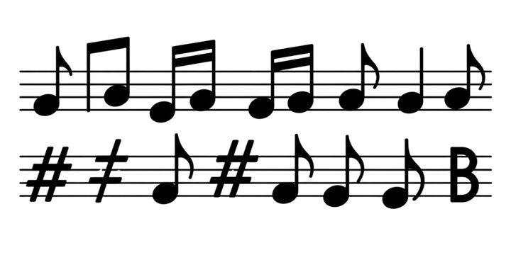 A collection of musical notes featuring quarter, eighth, and half notes with sharps and flats Vector
