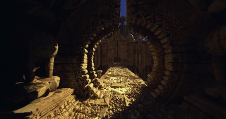 Sunlit temple arch with scattered coins. Warm golden hour rays pour through circular carved arch, illuminating piles of coins and stone reliefs, dust motes © icetray