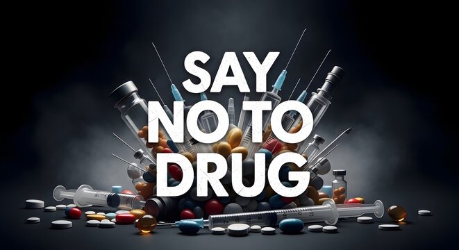 Say no to drug concept with various pills and syringes