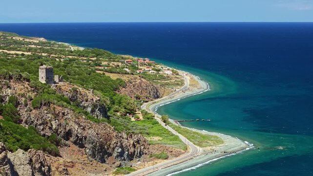 Aerial View of the Gattilusi Towers of Paleopolis Samothrace Greece