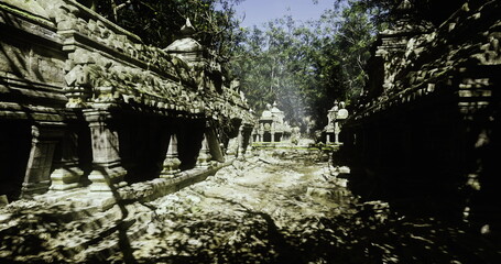 Naklejka premium Sunlit temple corridor with crumbling stone, dappled light across mosscovered walls, dense canopy overhead, scattered rubble and intricate carvings, cinematic