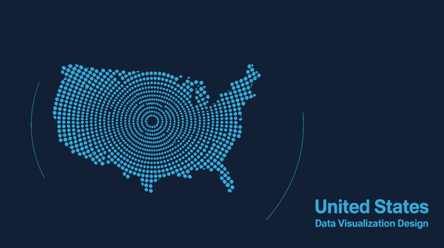 United States map data visualization design with blue dots on dark background