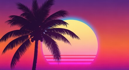 Stylized palm tree silhouette appears against a vibrant sunset with retro horizontal lines