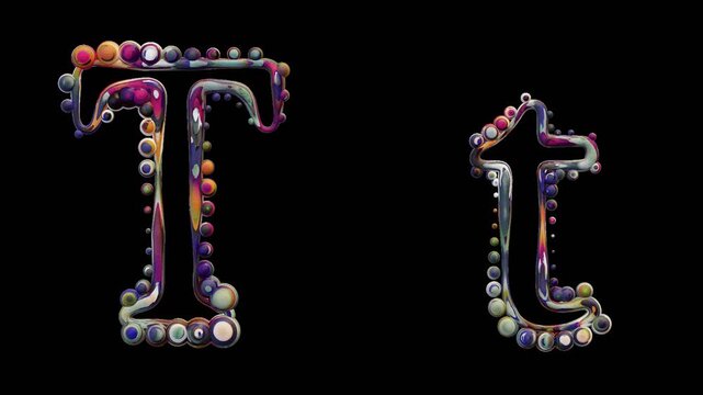 Modern alphabetic letter with spheres &ndash; T t - transparent background , loopable, colorful