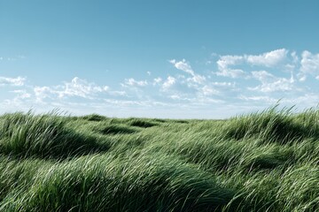 Naklejka premium Grassland with tall green grass evokes peace and freedom beneath a clear sky ideal for nature.
