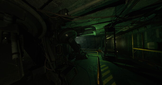 dilapidated ventilation tunnel lined with pipes robotic salvage mission navigating narrow catwalks, caution stripes and hazard markers, rusted ducts dripping