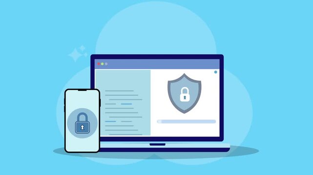 Flat vector animation of laptop and smartphone with shield and lock icons representing cybersecurity, data protection, secure connection, and digital privacy across devices in modern technology enviro