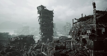 Obraz premium crumbling tower amid foggy ruined landscape, scattered rubble and shattered buildings frame somber horizon. muted monochrome palette emphasizes silence