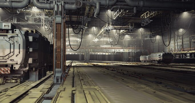 Massive assembly line with heavy machinery and gantry rails stretching into depth, dense industrial lighting revealing steel beams and catwalks. Robust