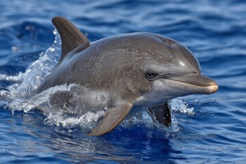 Naklejka premium Dolphin leaps joyfully through vibrant Mediterranean waters