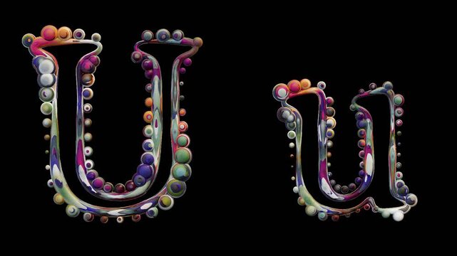Modern alphabetic letter with spheres &ndash; U u - transparent background , loopable, colorful