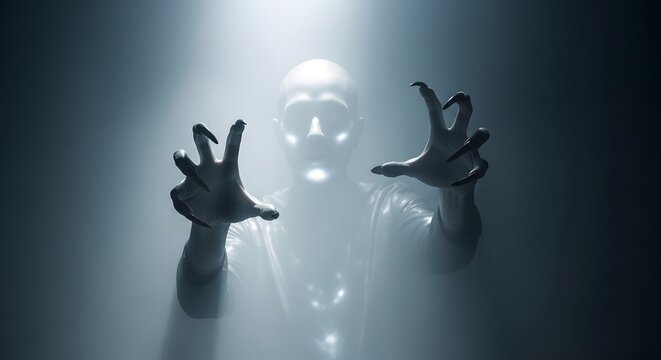 Ethereal being with ghostly hands in mysterious light