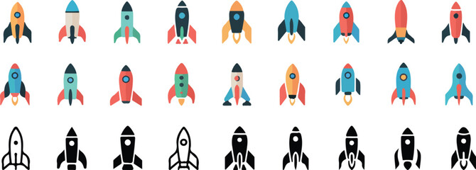Modern Rocket Ship Icon Set in Flat Style for Space Launch and Technology Concepts © shamsuzzoha