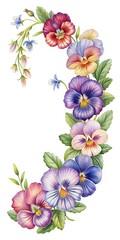 Fototapeta premium A vibrant watercolor illustration showcasing a crescent arrangement of pansy flowers