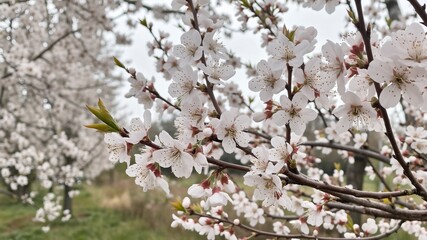 Obraz premium White cherry plum blossoms blooming on tree branches in spring
