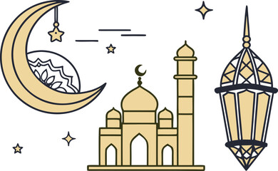 Obraz premium A golden crescent moon mosque lantern and stars depict a serene ramadan celebration scene