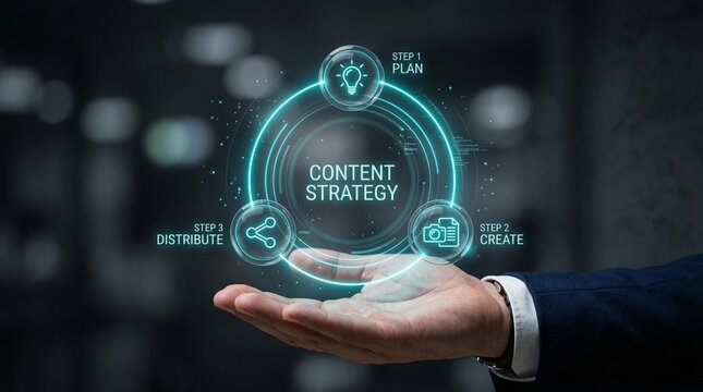 Businessman presenting content strategy plan with hand