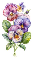 Watercolor Floral Bouquet of Vibrant Pansies in Shades of Purple and Pink