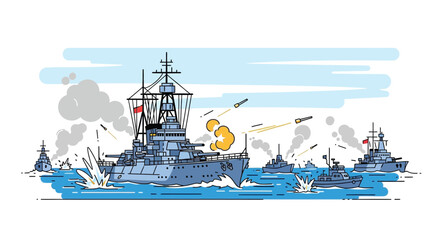 Naval battle scene with warships exchanging fire on the open sea © Hasina