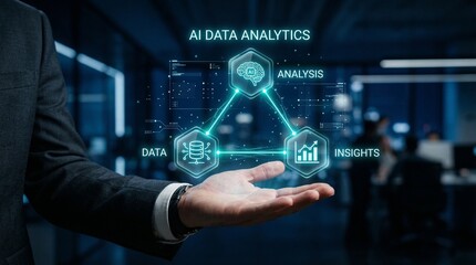Fototapeta premium Businessman presenting AI data analytics concept with glowing infographic