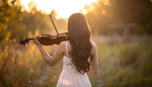 Woman playing violin in a meadow, sun filtering through trees, romantic back view