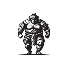 Obraz premium A black and white vector illustration of a chubby sumo wrestler wearing samurai armor and a traditional hat, standing against a clean white background with a bold graphic design.