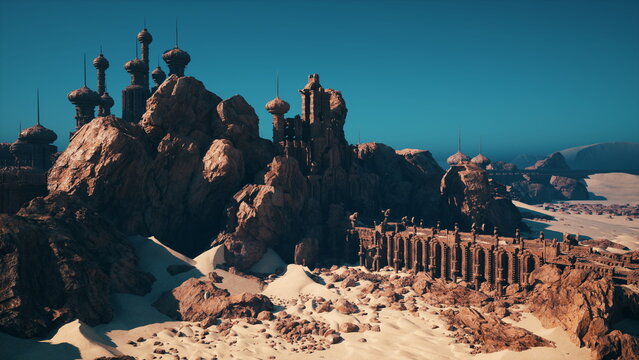 Sunlit desert fortress atop rocky plateau, sandstone towers and collapsed colonnade, sweeping dunes and jagged outcrops under deep teal sky archaeologist