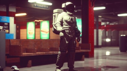A detailed astronaut figurine stands proudly in a bustling subway station. Bright lights illuminate the space, showcasing the unique contrast of this cosmic figure against the urban backdrop. © icetray