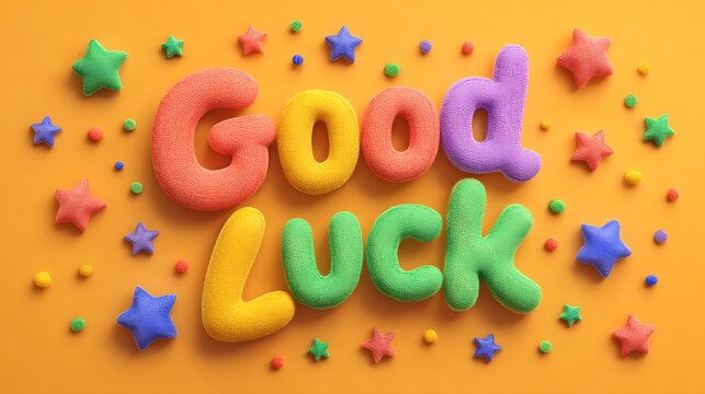 A colorful 3D rendering of the words 'Good Luck' surrounded by stars and dots on an orange background