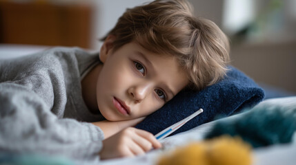 Fototapeta premium Sick child lying in bed with a thermometer and visible fever symptoms, defocused background, childhood illness concept, pediatric fever care, with copy space